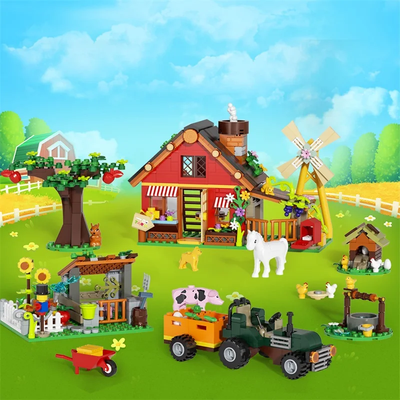 Farming Agriculture Model - บล็อกตัวต่อสร้างบ้านฟาร์มกังหันลมสุดสร้างสรรค์ พร้อมรถเกษตร สัตว์ ต้นไม้ พืช ของเล่นตัวต่อเสริม