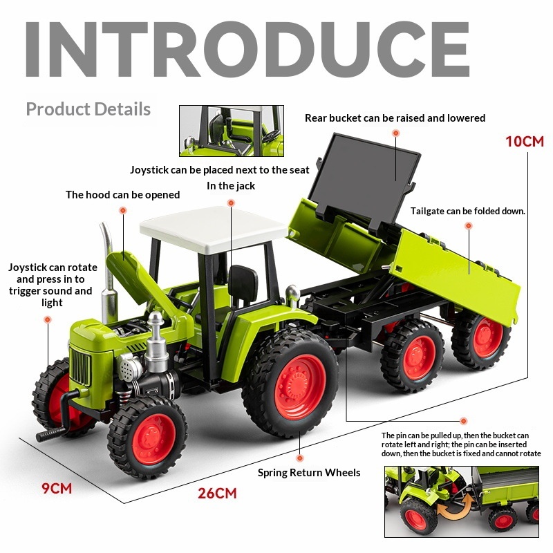 Agriculture Farming In Goa - รถแทรกเตอร์ฟาร์มอัลลอยด์พร้อมเสียงและไฟ รุ่นดึงกลับได้ ฝาครอบเครื่องยนต์เปิดได้ รถพ่วงยกได้ สำหรับเด็กผู้ชาย